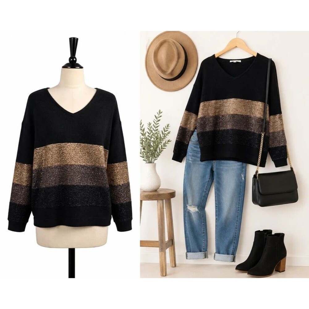Boston Proper Black Metallic Colorblock Sweater – Size XS